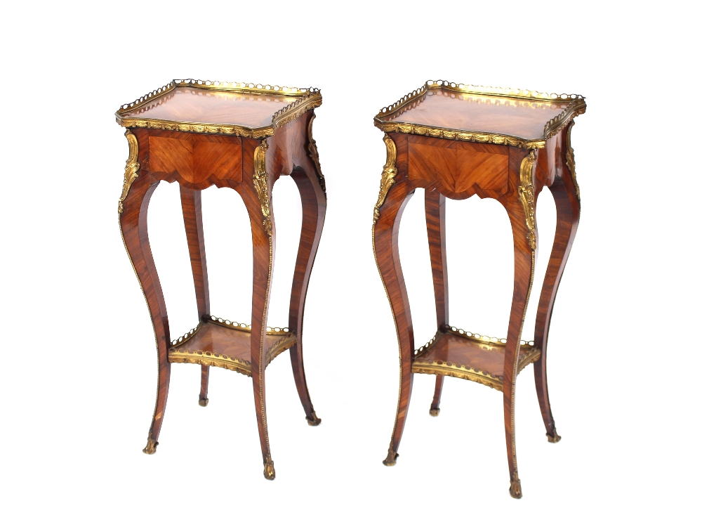 A pair of 19th Century French walnut and cross banded two tier side tables surmounted by pierced - Image 2 of 110