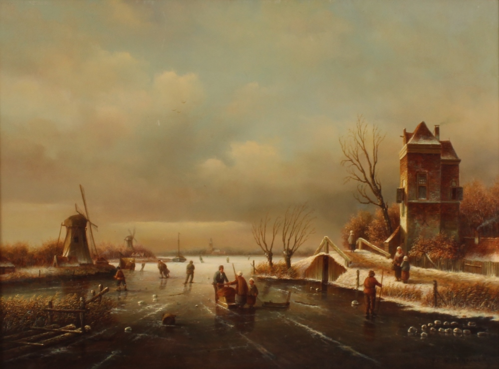 P.C. Steenhouwer, study of a frozen Dutch canal scene with figures on the ice, signed oil on