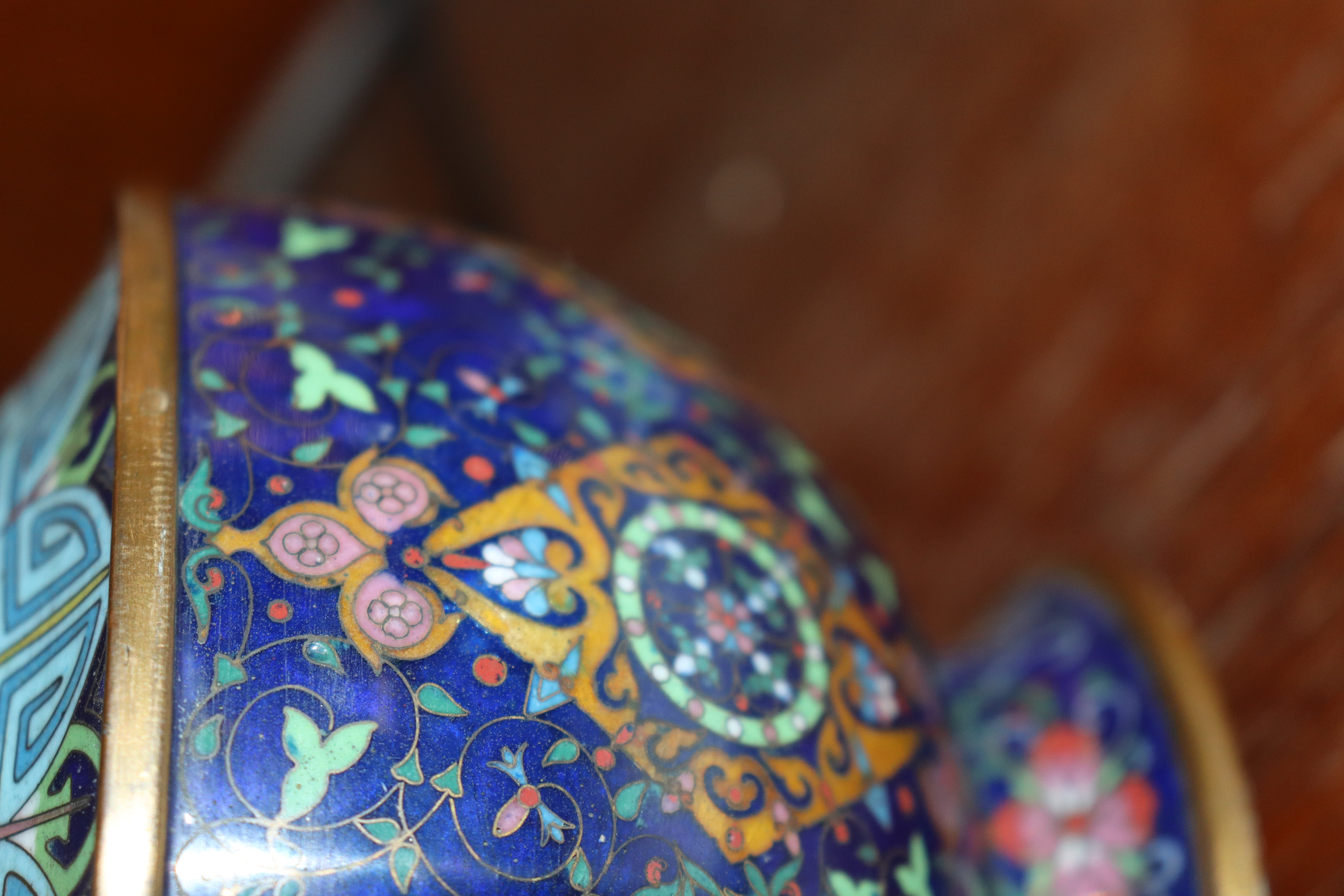 A Chinese cloisonné baluster vase, having floral decoration and symbol banded border on blue ground, - Bild 5 aus 12