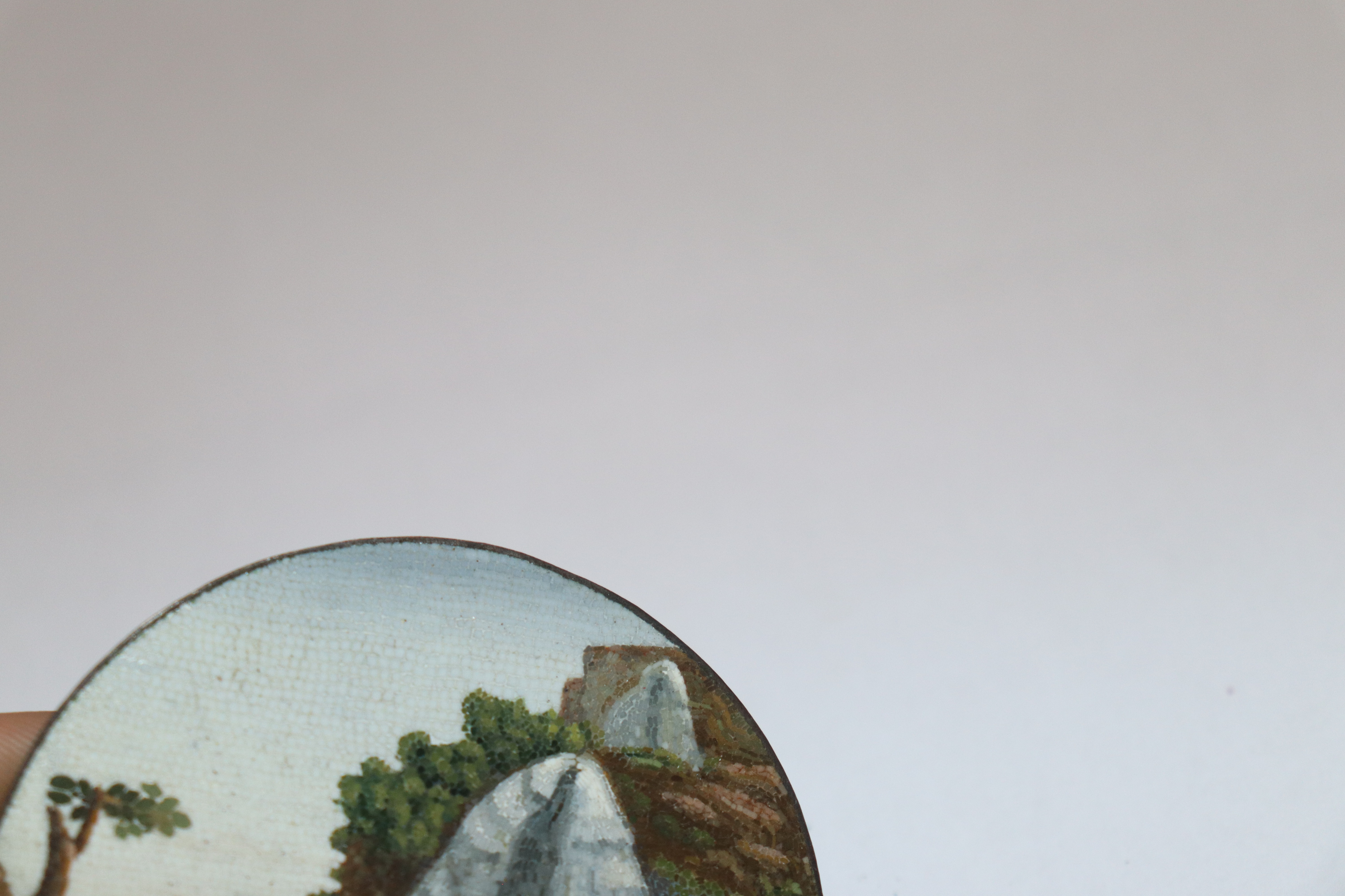 A miniature circular micro mosaic picture depicting figures in front of a waterfall; and a pair of - Image 9 of 11