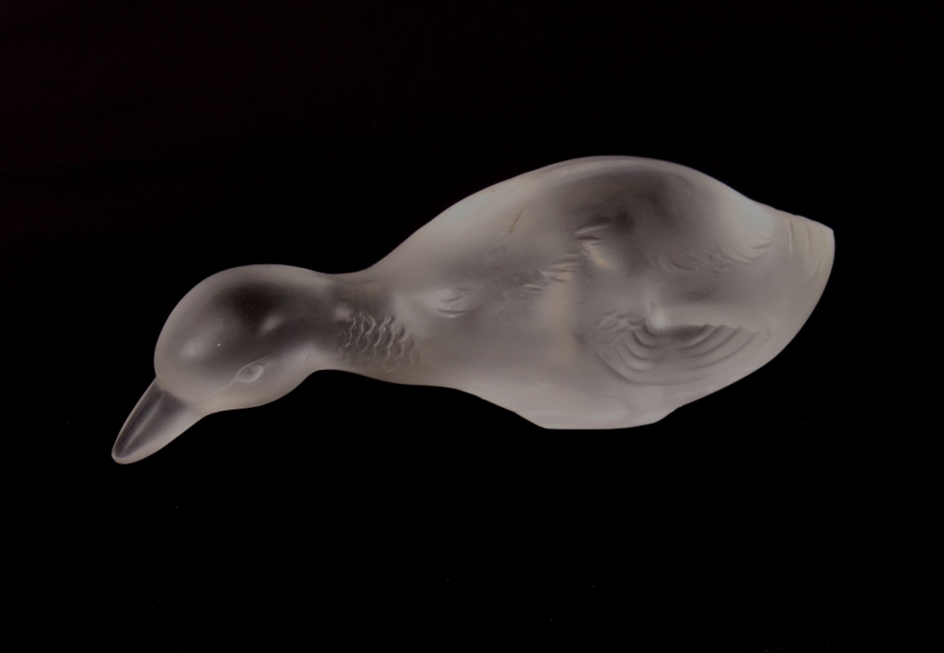 A Baccarat frosted glass figure of a duck, marked Baccarat France