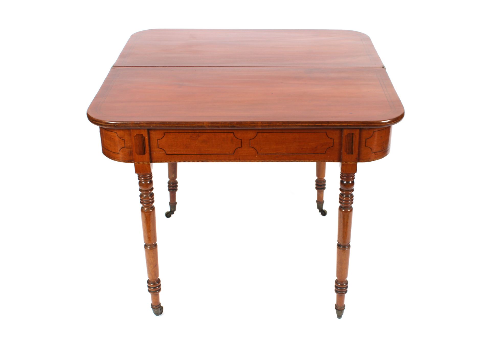 A 19th Century mahogany and ebony strung fold over card table raised on ring turned tapering - Image 3 of 3