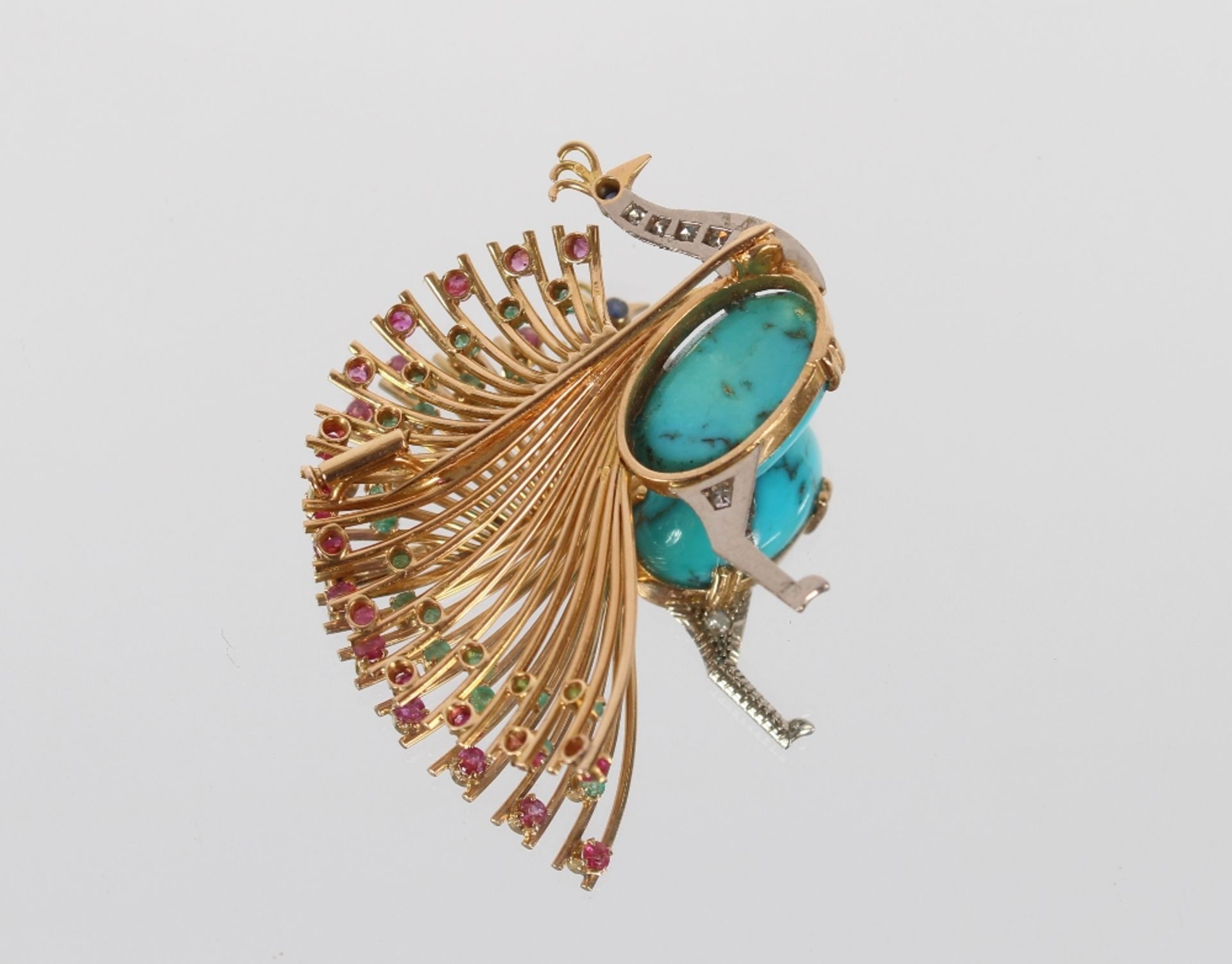 An impressive 18ct gold peacock brooch, set with diamonds, rubies, emeralds and sapphire around a - Image 4 of 6