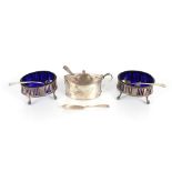 A George III oval silver mustard pot with blue glass liner, London 1794, a pair of oval slats (marks