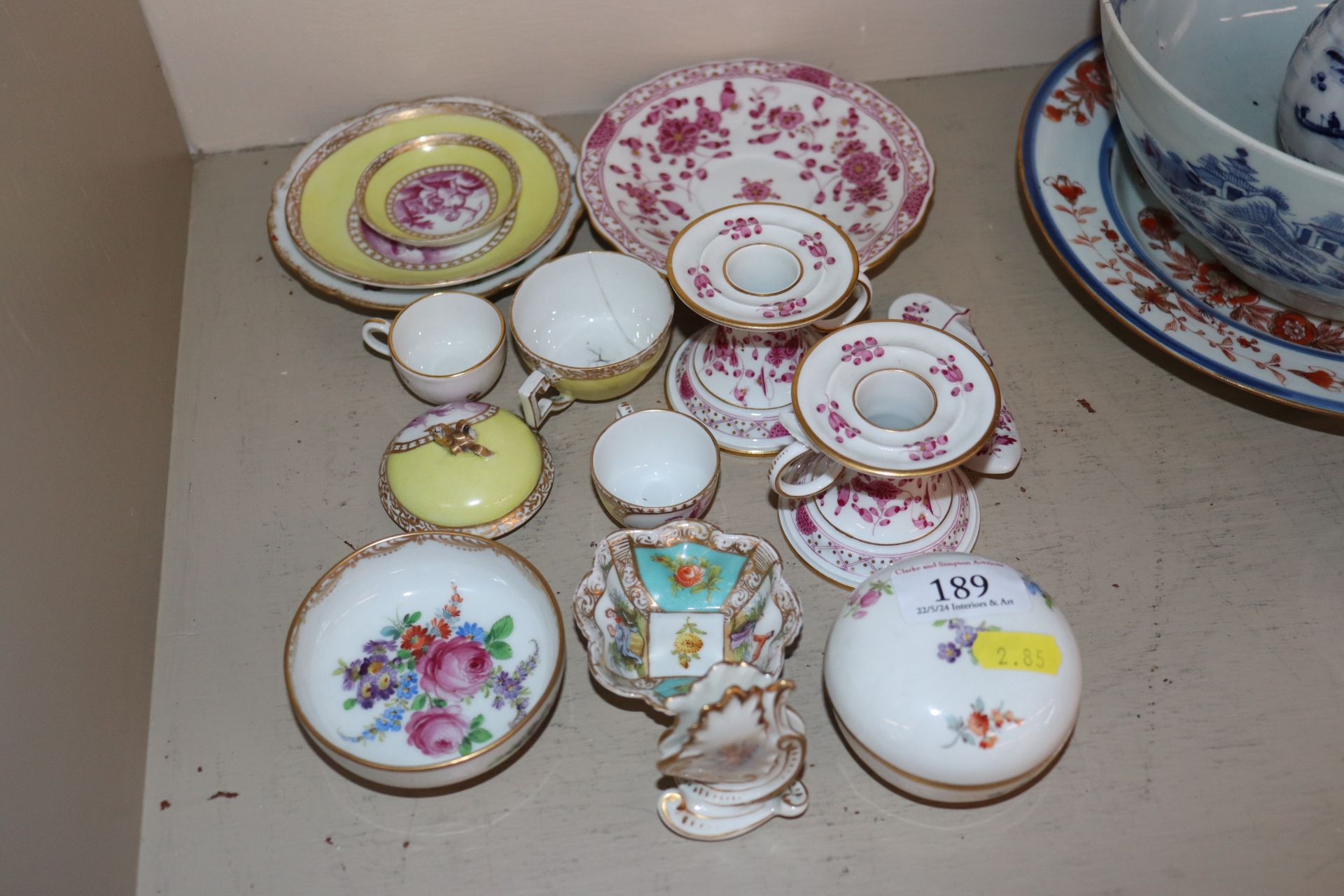 A Meissen inkwell on saucer shaped stand; a pair of matching chamber sticks AF; various miniature - Image 12 of 21