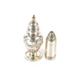 A silver baluster pepperette, Birmingham 1902; and a small silver bullet shaped pepper pot,