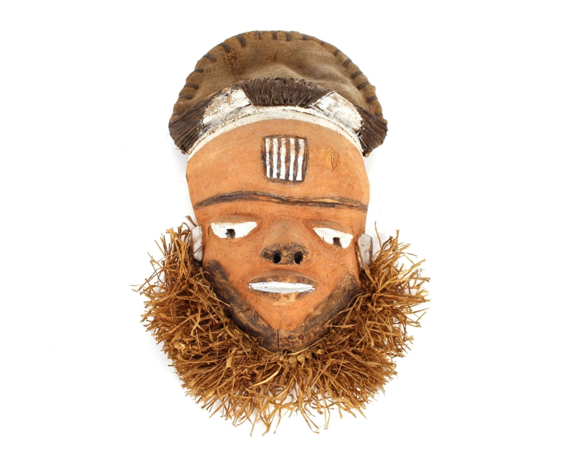 Four Ethnic painted face masks, having Hessian and woven head pieces, painted tribal markings - Image 5 of 8