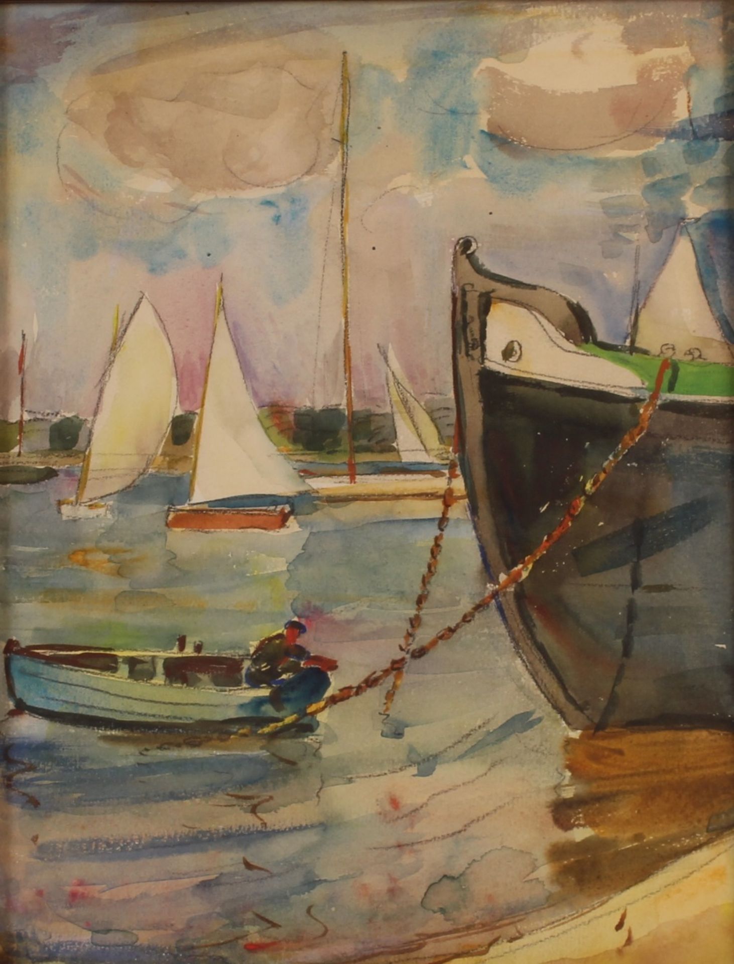 Allan Walton 1891-1948, study of a harbour scene with moored boat and figure seated in a rowing