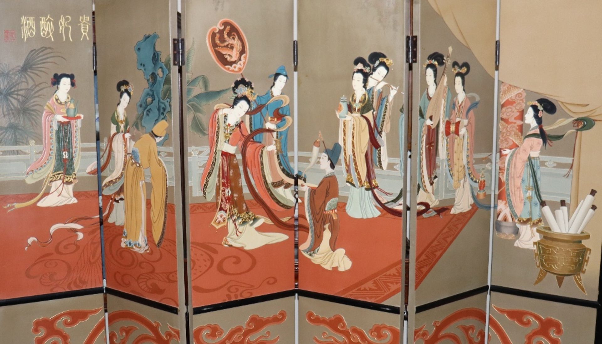 A large and impressive late 20th Century painted Chinese six fold screen, each panel measuring 43c m