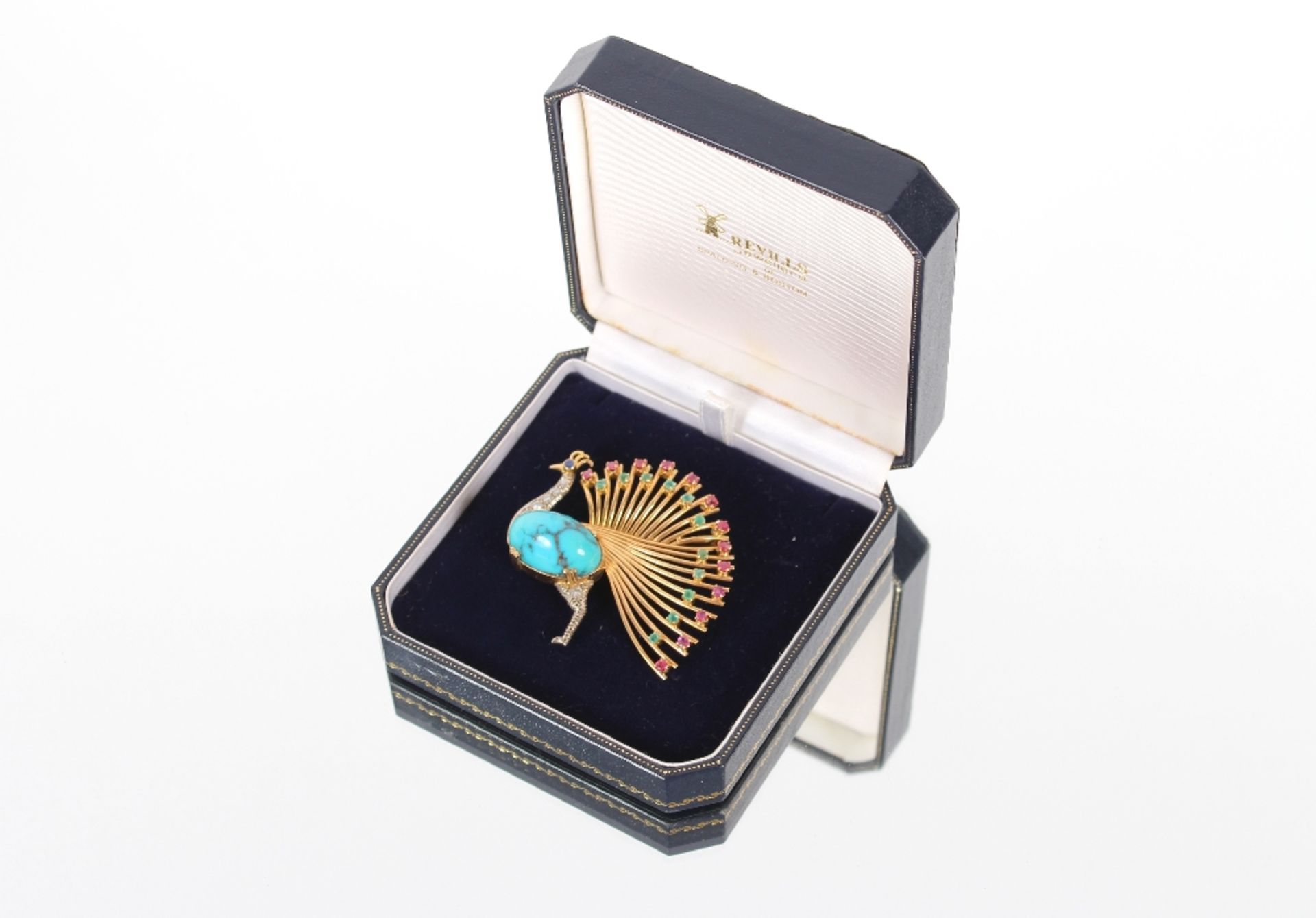 An impressive 18ct gold peacock brooch, set with diamonds, rubies, emeralds and sapphire around a - Image 2 of 6