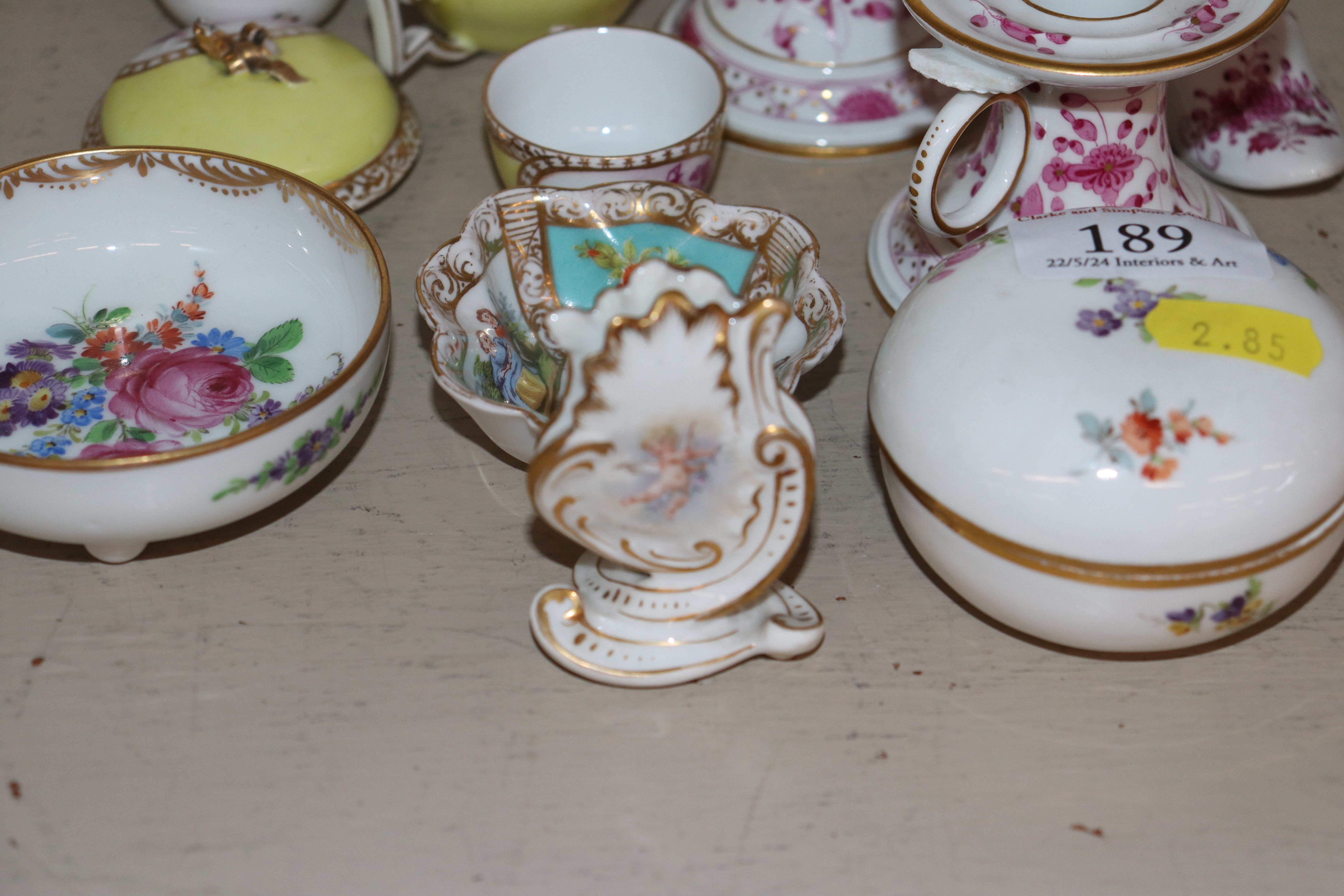 A Meissen inkwell on saucer shaped stand; a pair of matching chamber sticks AF; various miniature - Image 15 of 21