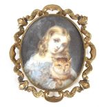 A miniature painting depicting a young girl holding a cat, contained in yellow metal scrolled frame,