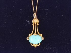 An Art Nouveau 14ct gold and turquoise set pendant hung to a fine link chain, 3gms