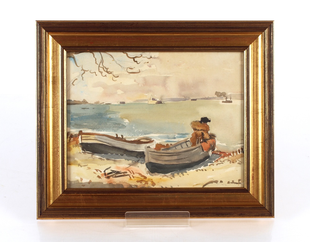 Allan Walton 1891-1948, coastal scene with rowing boats on the shore, other vessels out to sea, - Image 2 of 2