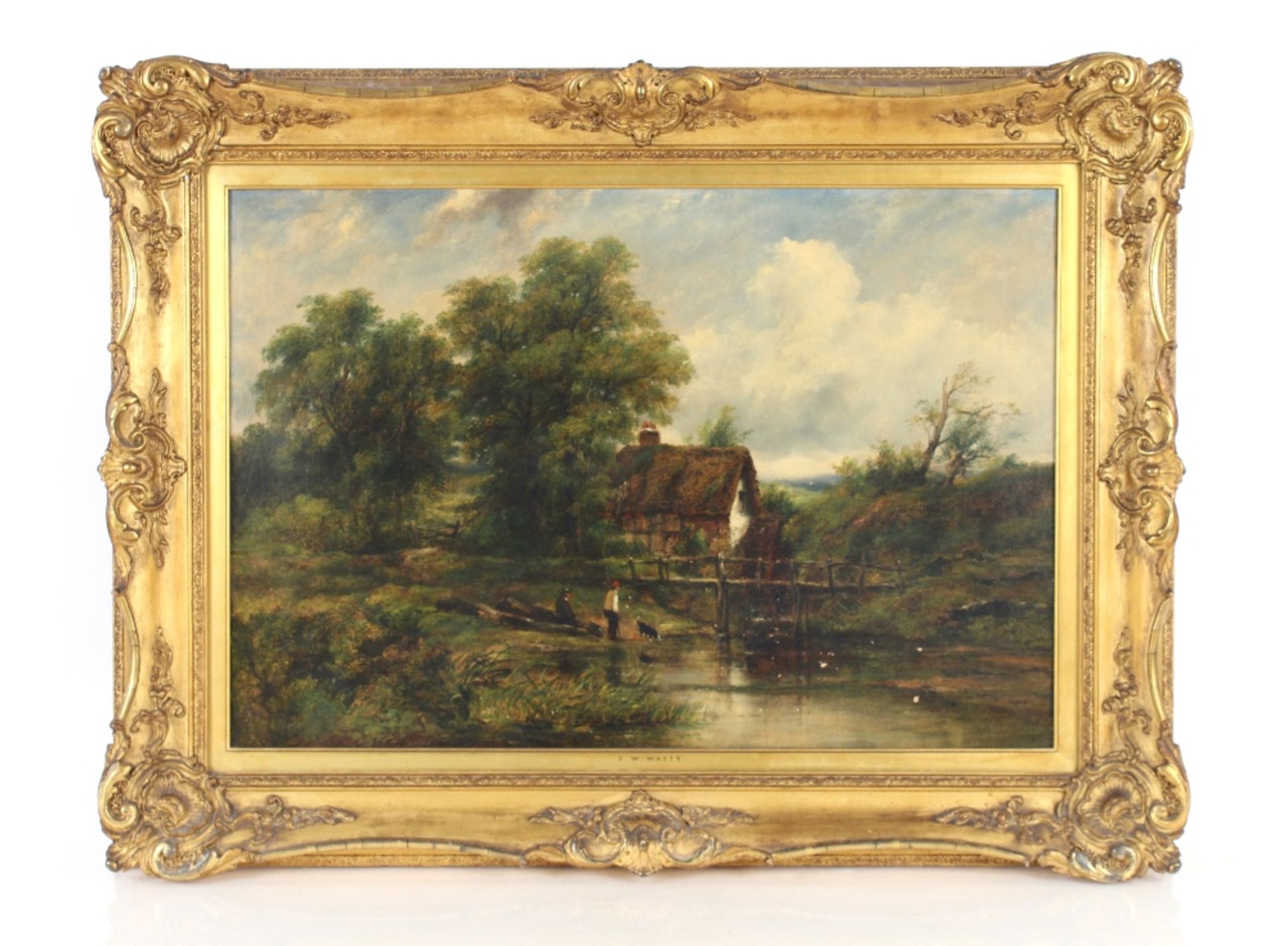 Frederick Walters Watts 1800-1862, rural study of an old mill with figures fishing, oil on canvas,