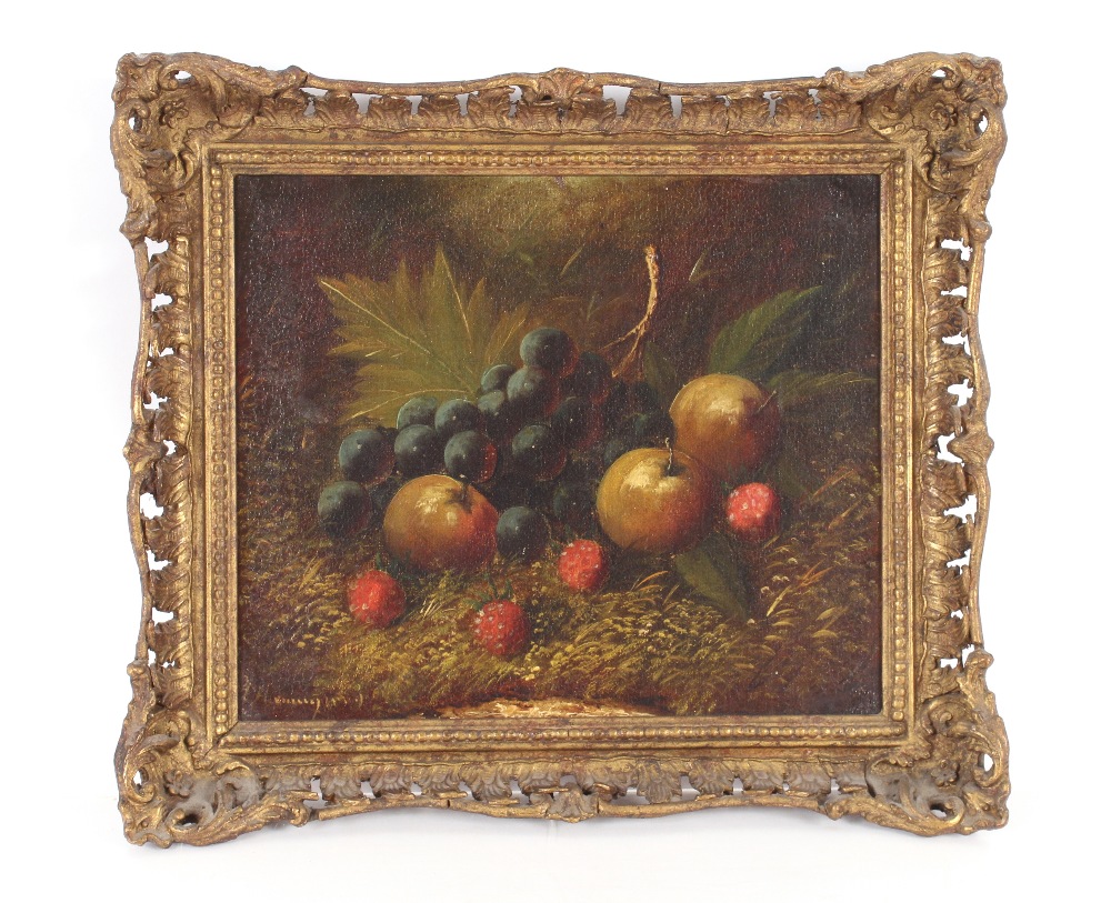 G. Hemmingway, still life studies a pair, depicting fruit in a hedgerow, signed oils on canvas, 24.