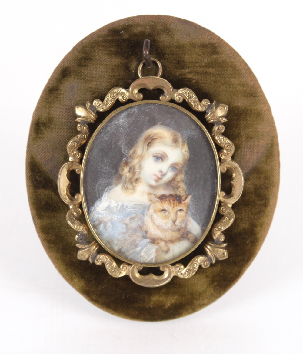 A miniature painting depicting a young girl holding a cat, contained in yellow metal scrolled frame, - Image 2 of 3