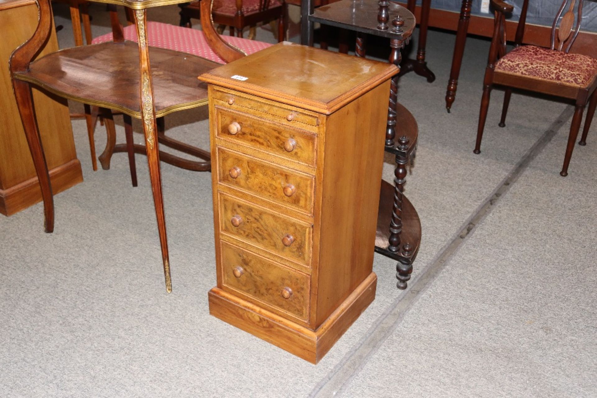 A pair of walnut and chequer banded bedside chests, fitted brushing slides and four drawers, - Image 2 of 3