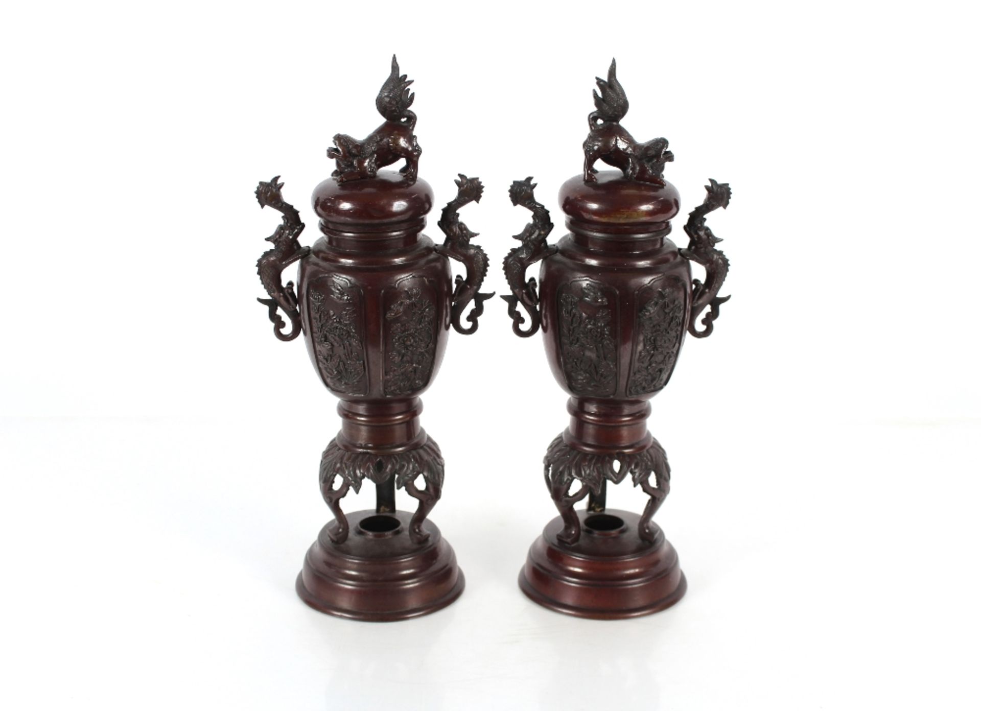 A pair of Oriental baluster bronze vases, the lids surmounted by Dogs of Fo, flanked by dragon - Image 2 of 2