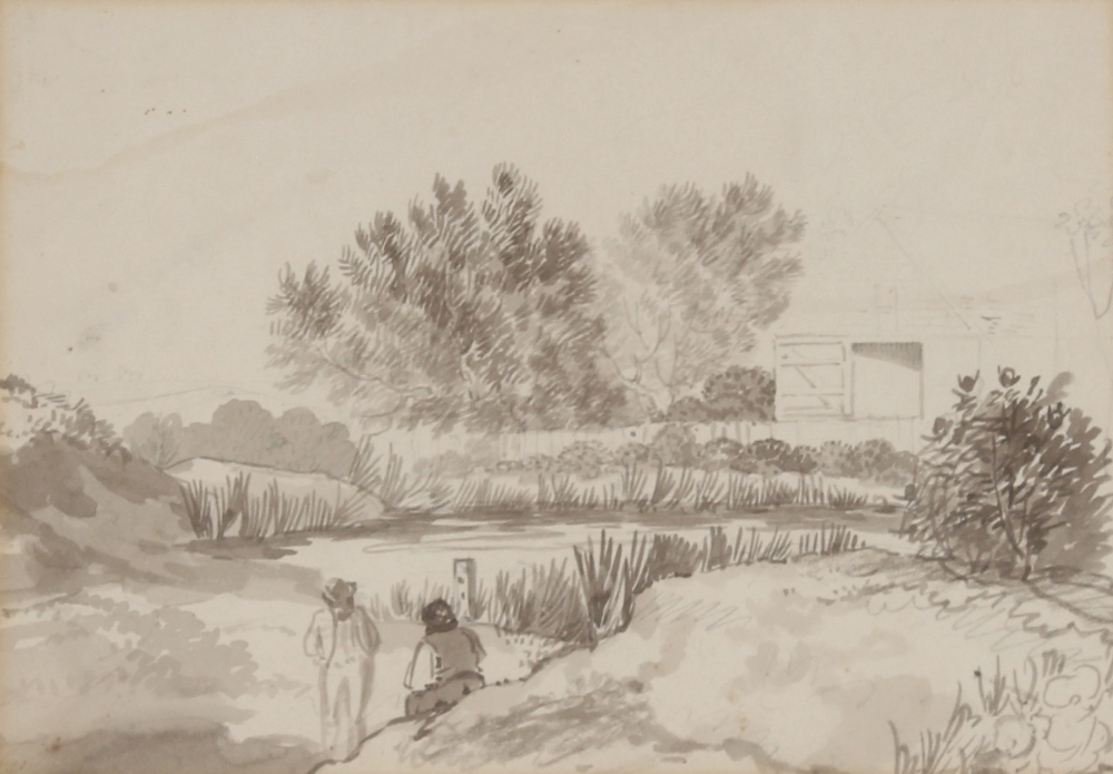 19th Century school, study of figures on a river bank, unsigned monochrome watercolour