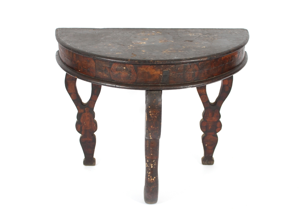 A 19th Century painted demi-lune hall table, raised on shaped supports, 89cm wide