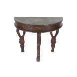 A 19th Century painted demi-lune hall table, raised on shaped supports, 89cm wide