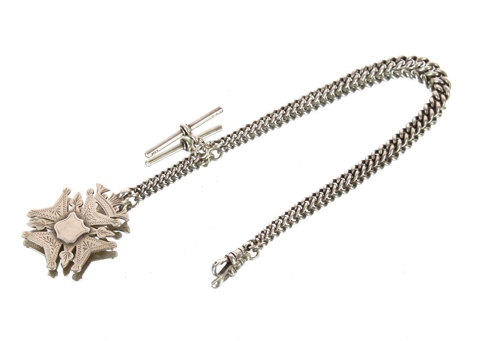 A silver Albert chain with large cartouche fob, approx 44gms