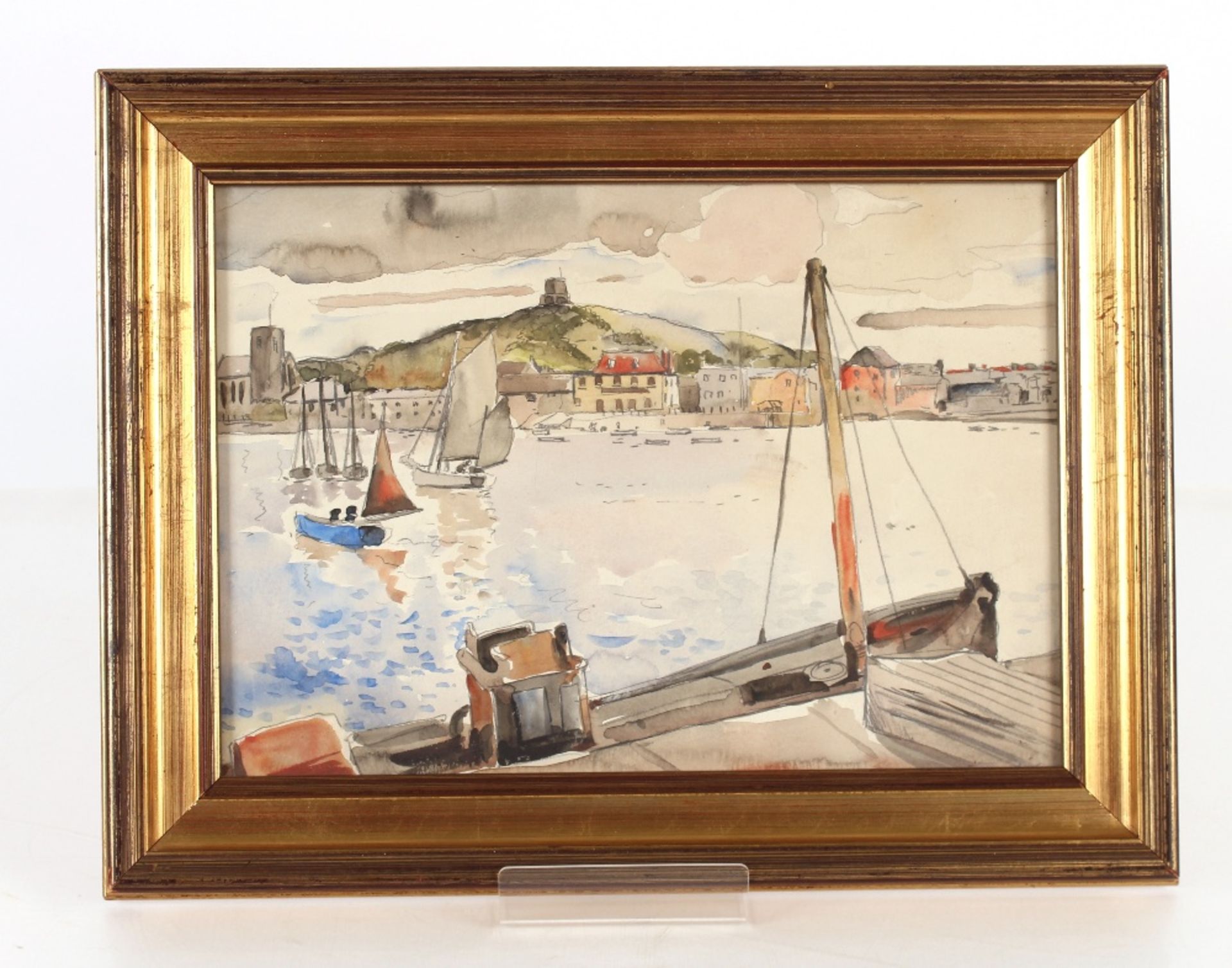 Allan Walton 1891-1948, study of a harbour with fishing and other sailing vessels, town in the far - Image 2 of 2
