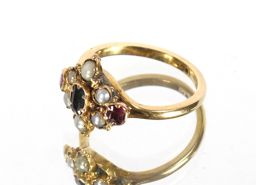 A Victorian coloured gem stone and seed pearl set cluster ring, 3.5gms. Size M - Image 3 of 3