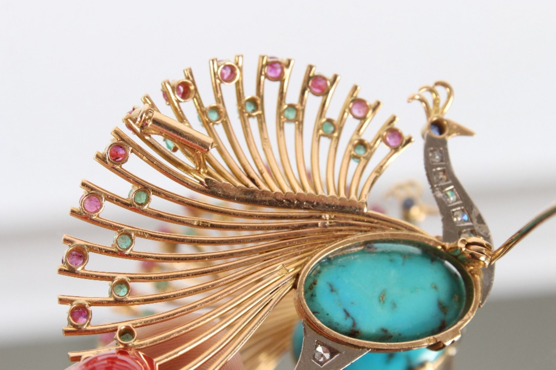 An impressive 18ct gold peacock brooch, set with diamonds, rubies, emeralds and sapphire around a - Image 6 of 6
