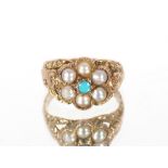 A 9ct gold turquoise and seed pearl set dress ring, 2.2gms