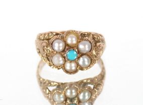 A 9ct gold turquoise and seed pearl set dress ring, 2.2gms