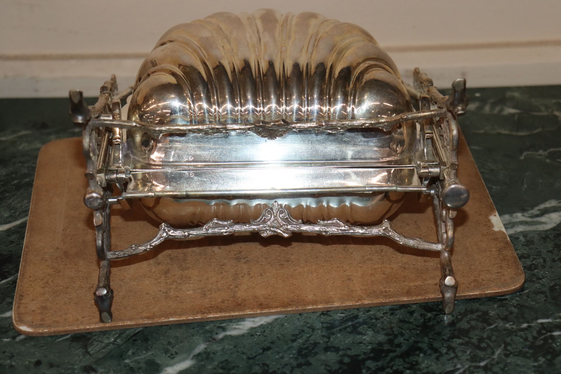 A plated folding biscuit stand; and a frosted glass and plated ice bucket - Image 2 of 5