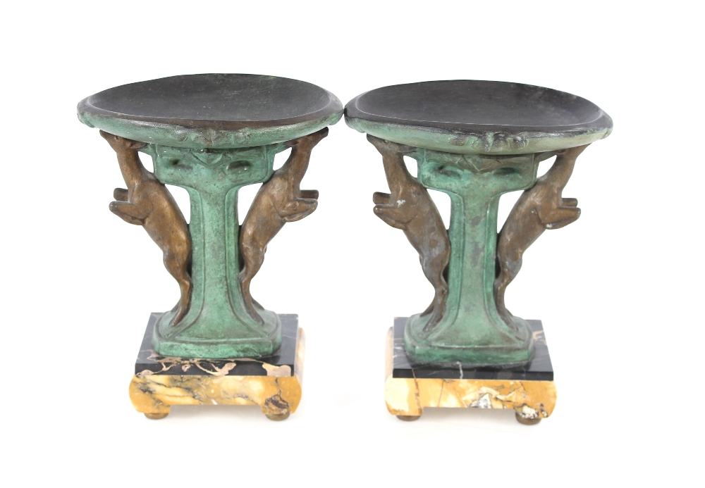 P Sega, pair of garniture featuring leaping deer, circa 1935, marked P. Sega France, 24cm