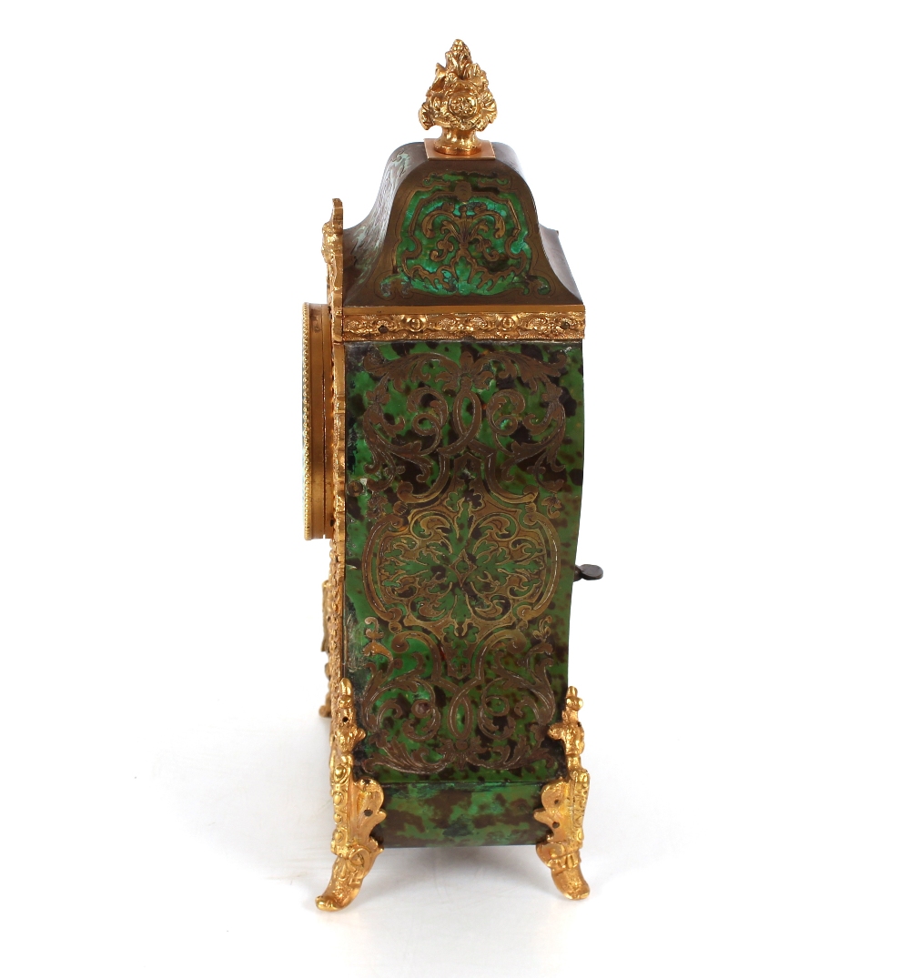 A green stained tortoiseshell and inlaid mantel clock by Hatton of Paris, eight day movement - Image 4 of 13