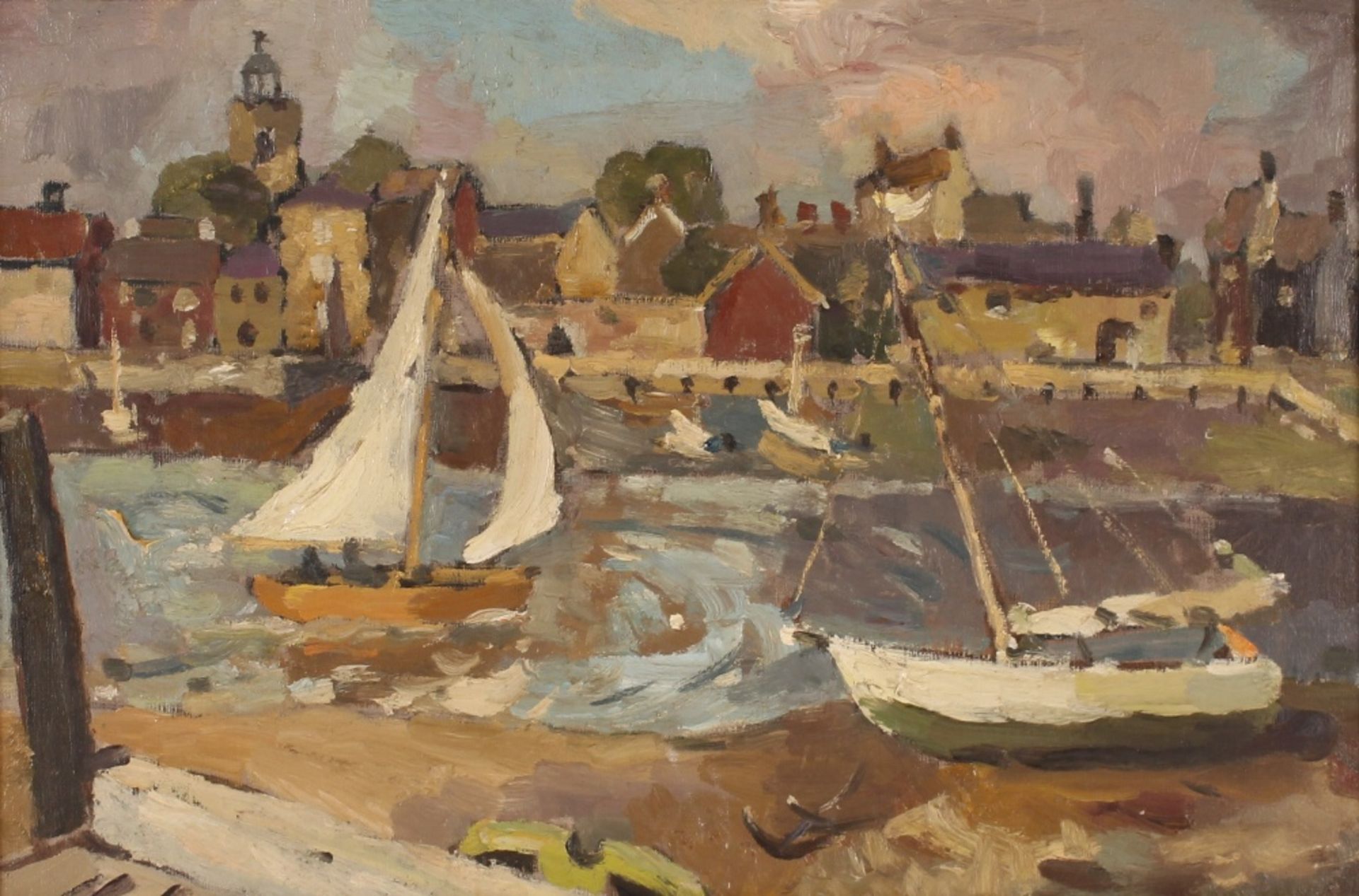 Attributed to Allan Walton, study of a harbour, unsigned oil on canvas, 30cm x 44cm