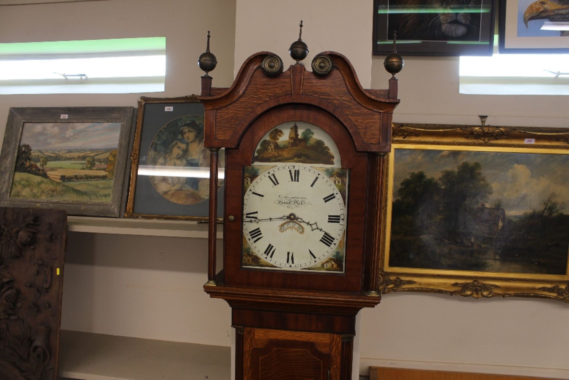 A 19th Century oak and mahogany cross banded long case clock, the hood with scroll arch pediment and - Image 8 of 8