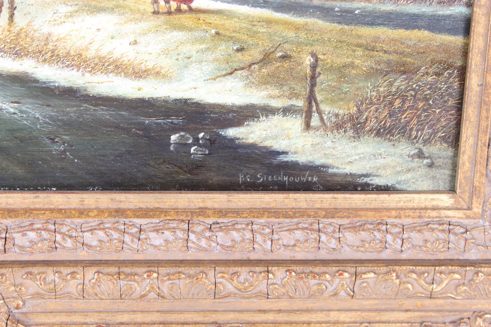 P.C. Steenhouwer, study of frozen Dutch canal scene with figures skating, signed oil on board, - Image 3 of 3