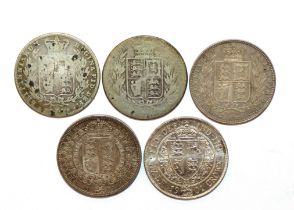 Five Victorian half crowns, dates ranging 1849-1901