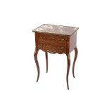 A pair of French walnut and chequer banded marble topped side tables, pierced brass galleries, two