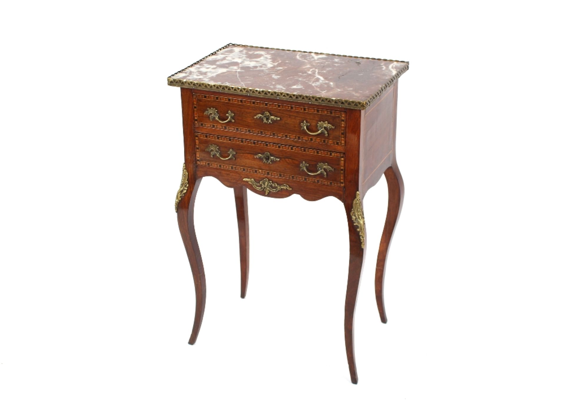 A pair of French walnut and chequer banded marble topped side tables, pierced brass galleries, two