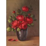 P.J. Jansen, pair of still life studies "Poppies" and "Roses" signed oils on board 37.5cm x 26.5cm