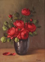 P.J. Jansen, pair of still life studies "Poppies" and "Roses" signed oils on board 37.5cm x 26.5cm