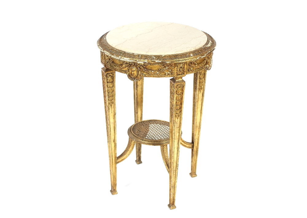 A 19th Century circular gilt wood urn table, having marble inset top and raised foliate decoration