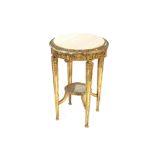 A 19th Century circular gilt wood urn table, having marble inset top and raised foliate decoration