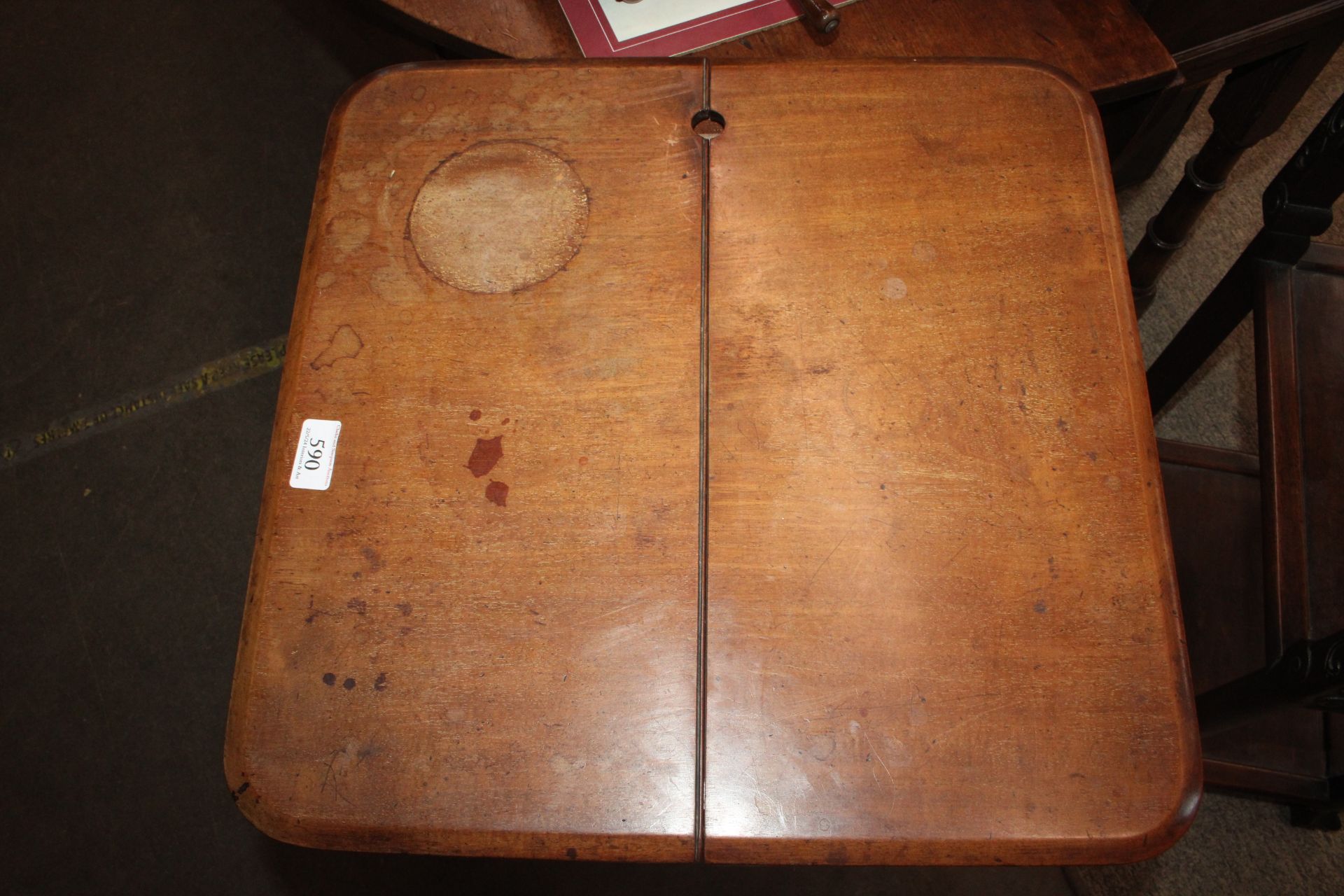 A 19th Century mahogany side table fitted single drawer and hinged top on triple column base, 46cm - Image 3 of 3