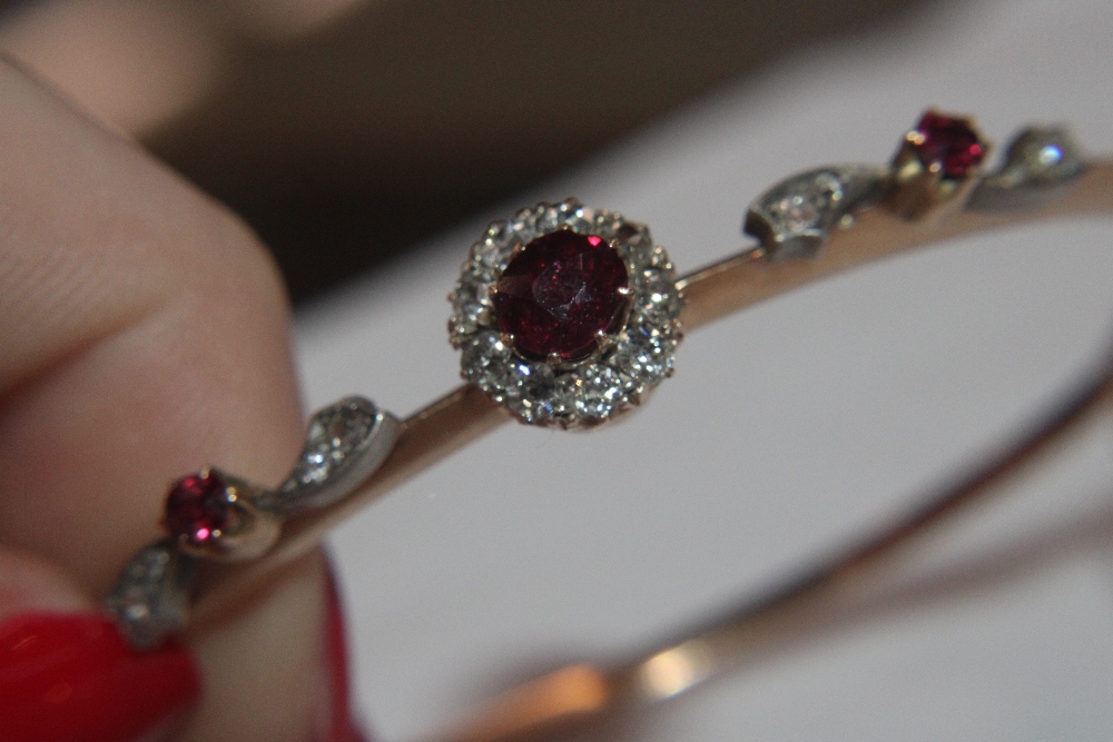 A yellow metal ruby and diamond set snap bangle, bar brooch and ring, having interchangeable and - Image 11 of 14