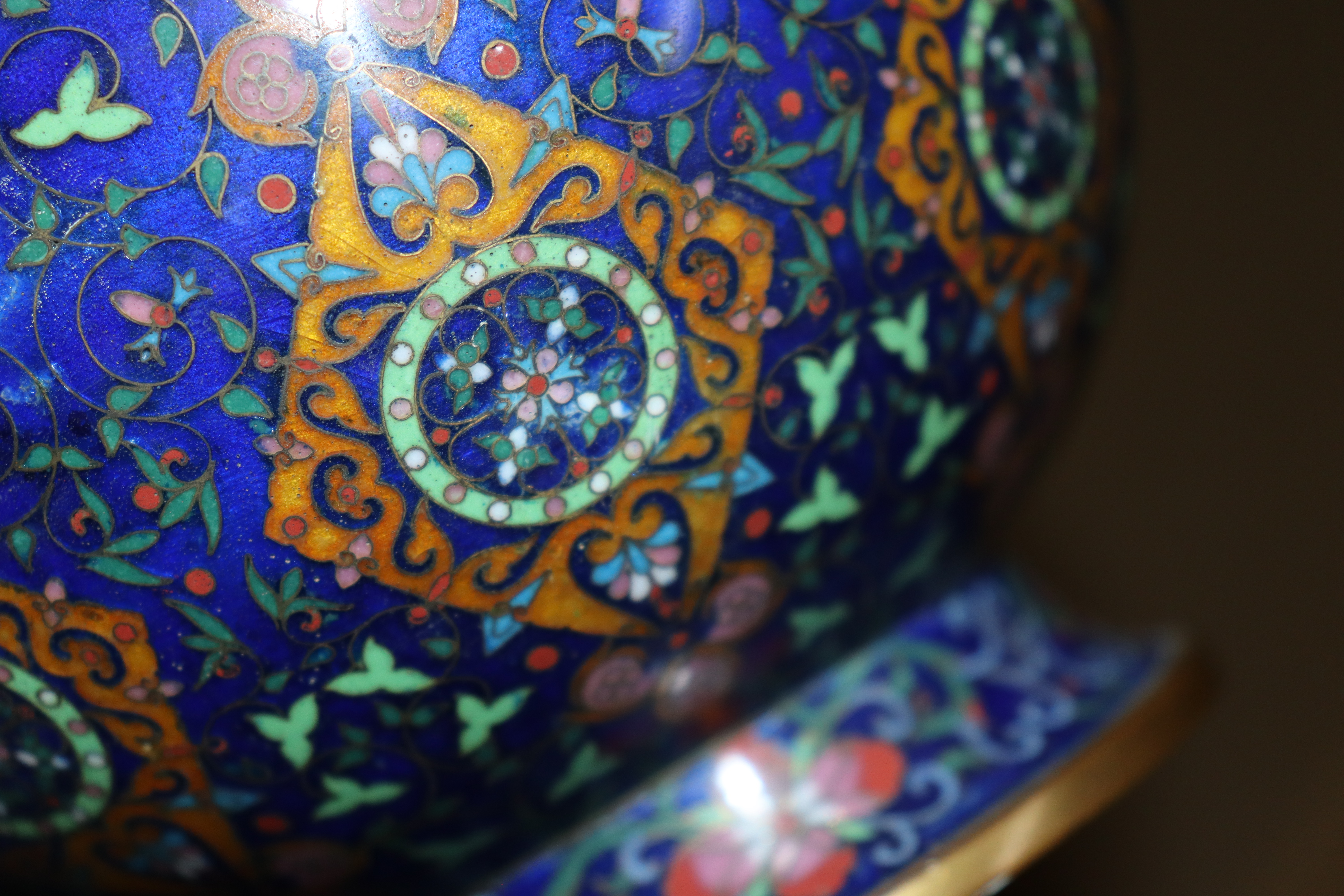 A Chinese cloisonné baluster vase, having floral decoration and symbol banded border on blue ground, - Image 12 of 12