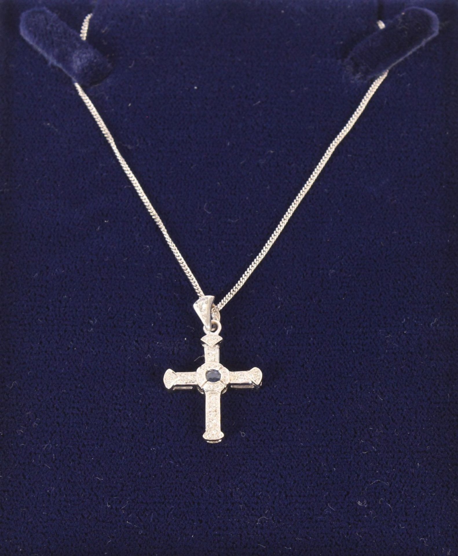 An 18ct white gold diamond and sapphire set cross and fine link chain, 6.6gms - Image 3 of 5