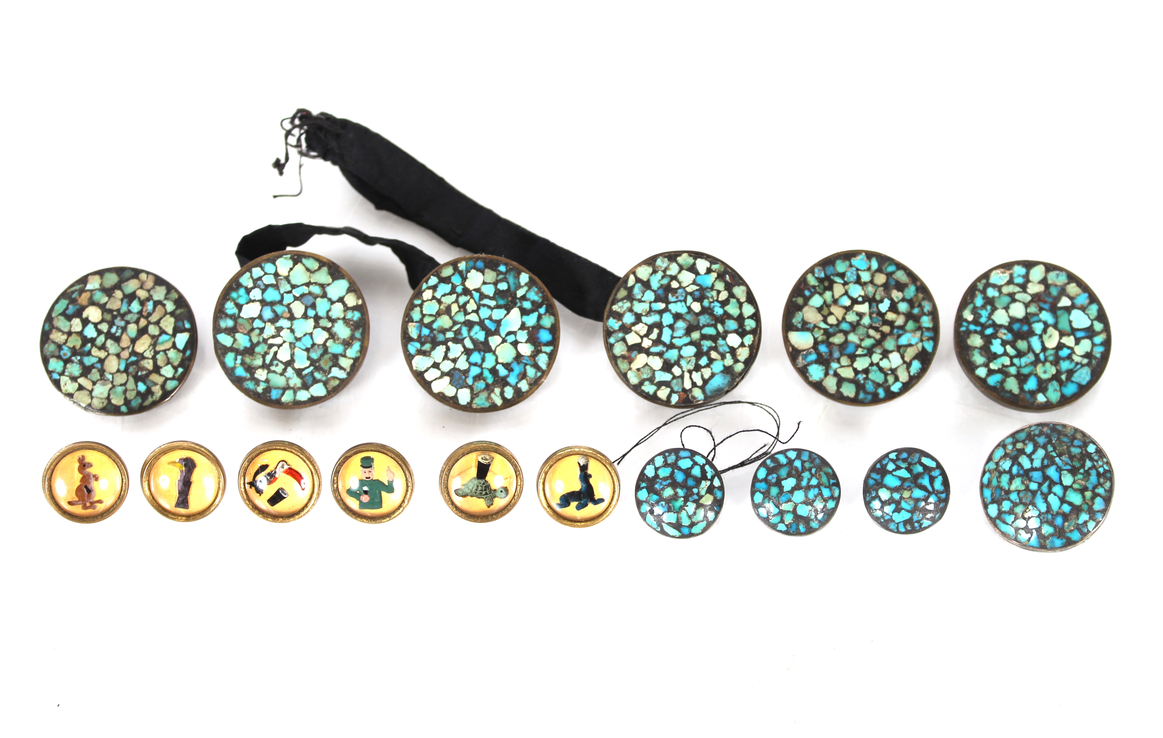 Six Guinness advertising buttons; and a quantity of mosaic decorated buttons